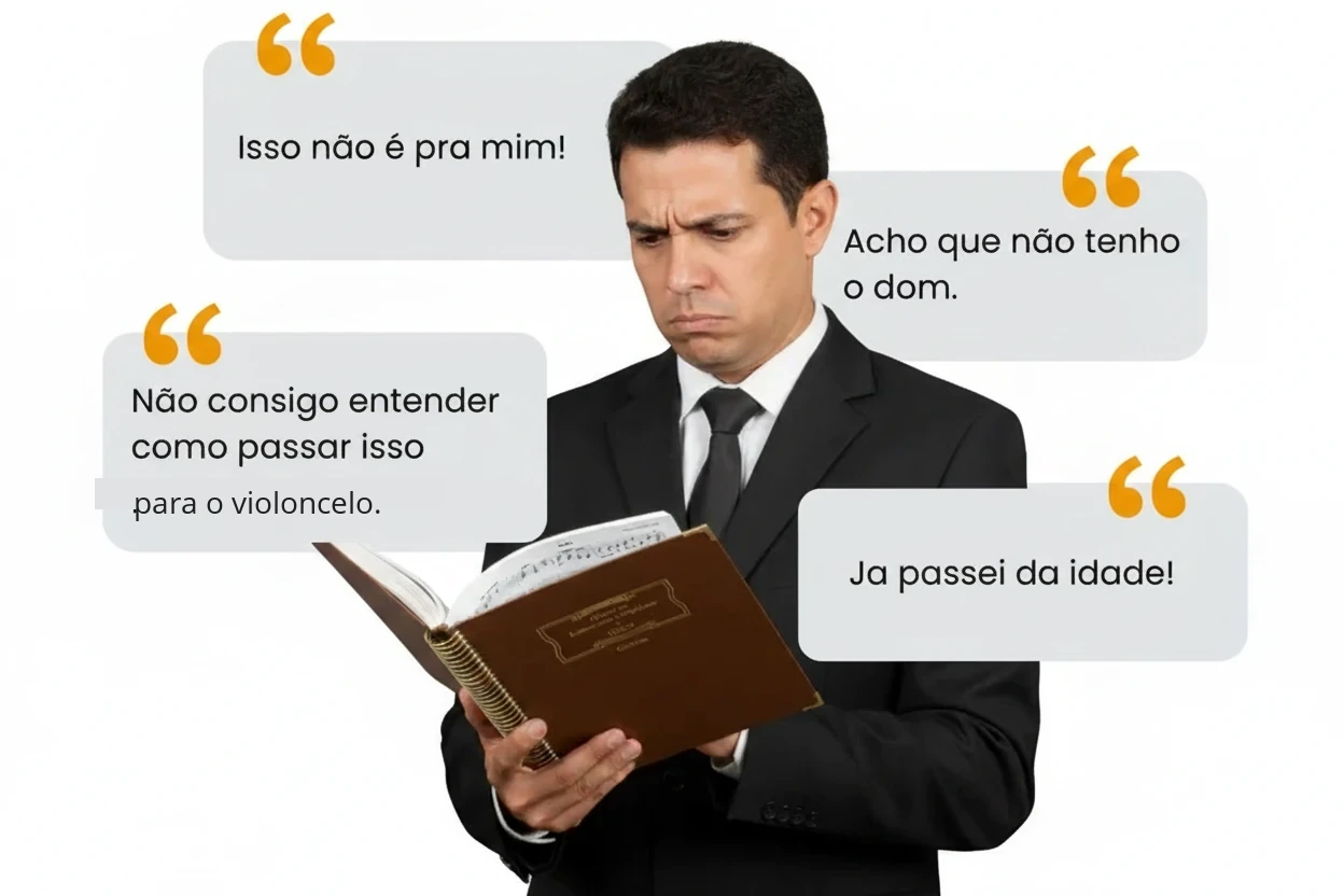 Pensamentos negativos ao ver a partitura do hino sem saber como passar para o violoncelo