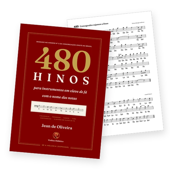 Capa do hinário e uma página de hinos com o nome das notas